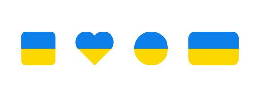 Flag of Ukraine icon. Ukrainian flag sign in four different shapes. Heart shaped flag of Ukraine. Square, hearth, circle and rectangle shaped Kyiv label. Freedom or independence symbol vector