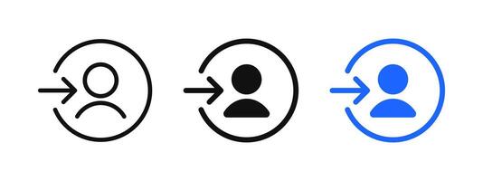 Login icon. User profile symbol. Sign up button. Account access illustration. Person head inside round circle with arrow pictogram. Sign up web interface authentication button. vector