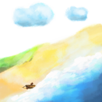 Beach with a boat illustration, seaside and cloud watercolor painting png