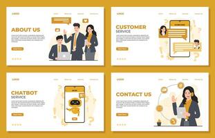 Call center and customer service landing page template concept. Flat design illustration set about us chat bot vector
