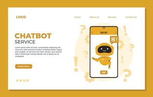 Chatbot landing page template website landing page design template with flat cartoon character and robot vector