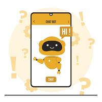 chatbot chat bot concept Cute little robot with question mark on smartphone screen. Flat illustration. vector