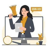 Recruitment concept Businesswoman with megaphone and computer. illustration in flat style vector