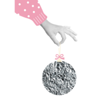 Vintage halftone collage Hand holding Glitter silver Christmas ball png