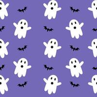 A pattern with white ghosts and bats on a purple background vector