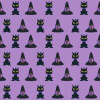 A pattern with black cats and witches hats on purple vector