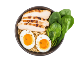 Chicken ramen bowl with soft-boiled eggs spinach image isolated transparent. Noodles with runny yolks grilled meat slices cut out. Asian meal cutout element object photography png