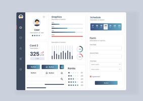 Dashboard user interface with diverse data visualization. Analytics dashboard user interface that includes a variety of charts and tables for efficient data management and monitoring. vector