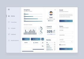 Analytics user interface dashboard. Analytics dashboard user interface that includes a variety of charts and tables for efficient data management and monitoring. vector