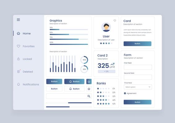 Analytics user interface dashboard. Analytics dashboard user interface that includes a variety of charts and tables for efficient data management and monitoring.