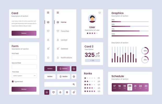 Web designing ui kit, mobile apps with the different buttons, charts, diagrams, menu, search, tabs and others.tled