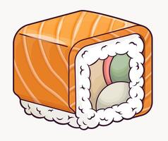 Japanese uramaki sushi roll in cartoon style. Wrapped in rice and topped with a slice of fresh salmon, filled with cream cheese, cucumber, fish, and a small seaweed piece vector
