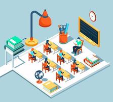 Classroom concept with teacher and students during a lesson. Isometric school class in flat design illustration vector