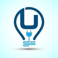 Initial alphabet U with an electric bulb and plug. Electricity logo design template vector