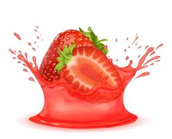 Whole and sliced strawberry falling into a splash of transparent juice. Realistic illustration of fresh fruit. vector