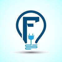 Initial alphabet F with an electric bulb and plug. Electricity logo design template vector