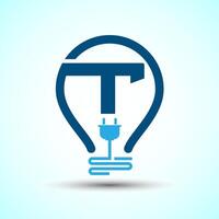 Initial alphabet T with an electric bulb and plug. Electricity logo design template vector
