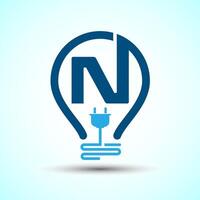 Initial alphabet N with an electric bulb and plug. Electricity logo design template vector