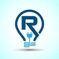 Initial alphabet R with an electric bulb and plug. Electricity logo design template vector