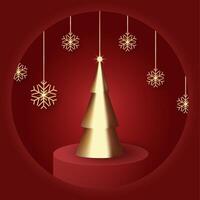 Elegant christmas and happy new year mock up scene. golden tree on red podium. stage pedestal or platform. realistic 3d. vector