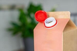 Long-life cardboard container from recycling materials with stationary plastic cap. Cap remains attached after opening, making the entire package easier to collect and recycle. High quality photo