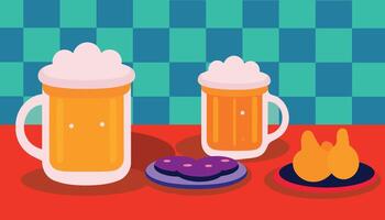 The illustration of A table with mugs of beer and cookies on it vector