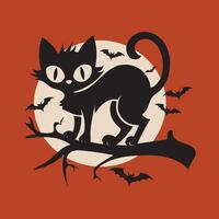 Cat on a Branch with Full Moon, T Shirt Design vector