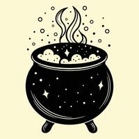 A black and white illustration of a cauldron with bubbling liquid vector