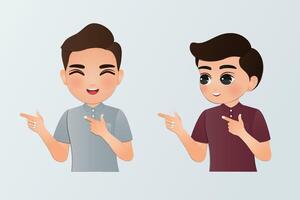 Cute cartoon Young man smiling to while presenting with hand and pointing with finger vector