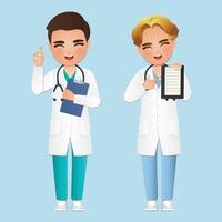 Confident men doctor Standing With presenting hand and pointing with finger vector