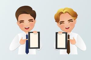 Cute cartoon Young man to while presenting with hand and pointing with finger vector