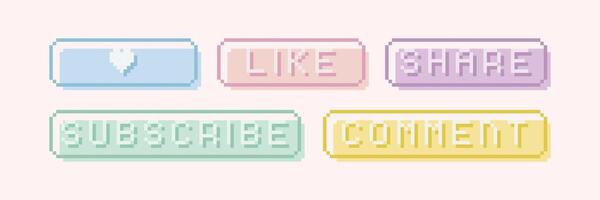 Pastel social media button 8 bit pixel interface art set. Like, share, subscribe, comment buttons collection. For game development, mobile app, social media, vector