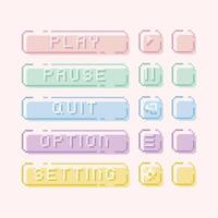 Pastel interface menu bar button 8 bit pixel art collection set. Computer game text and icon for play, pause, quit, setting, option. For game development, mobile app, social media post, vector