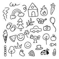 A collection of playful hand-drawn doodle icons featuring various everyday objects, plants, food, and symbols. Perfect for web design, social media, and fun creative projects. vector
