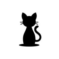 Simple black silhouette of a sitting cat with pointy ears, long tail, and whiskers, perfect for Halloween designs, pet-related themes, and minimalistic projects. vector