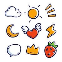 A playful icon set featuring hand-drawn illustrations of a cloud, sun, heart with wings, moon, crown, lightning, strawberry, speech bubble, and sun rays. Perfect for creative designs. vector