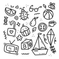 A playful collection of hand-drawn doodles, featuring objects like a kite, cupcake, pear, and more. Perfect for fun, whimsical projects and children's designs. vector