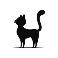 A black silhouette of a standing cat with a raised, curved tail. Ideal for animal-related designs, pet branding, or Halloween-themed projects. vector