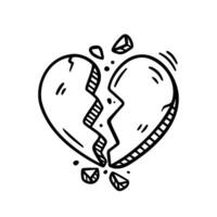Hand-drawn broken heart doodle in a playful style. Ideal for expressing emotions of heartbreak, sadness, or lost love in creative designs, cards, and social media graphics. vector