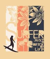 Illustration of a surfer silhouette in a composition with graphic elements. Editable art for prints on t-shirts, decoration, etc. vector