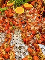 Crayfish. Red boiled crawfishes on table with ice in rustic style, closeup. High quality photo
