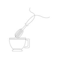Hand mixer single-line art drawing. Cup with hand blender outline isolated on white background. vector