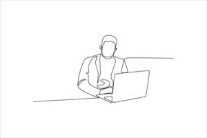 continuous line drawing of a man working in front of a laptop vector