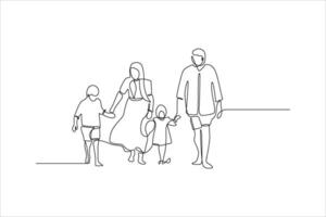 continuous line drawing of a family with two children vector