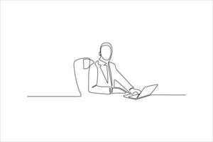 continuous line drawing of businessman sitting in office vector