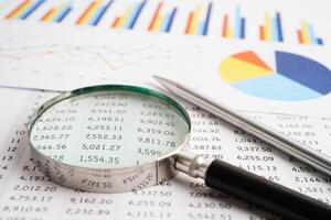 Magnifying glass on spreadsheet and graph paper. Financial development, Banking Account, Statistic, Investment Analytic research data economy. photo