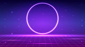 Cricle ring retro cyberpunk technology style background. frame ring neon background concept. Design for wireframe, digital, light, grid, landscapes, retro, 80s, 90s. vector