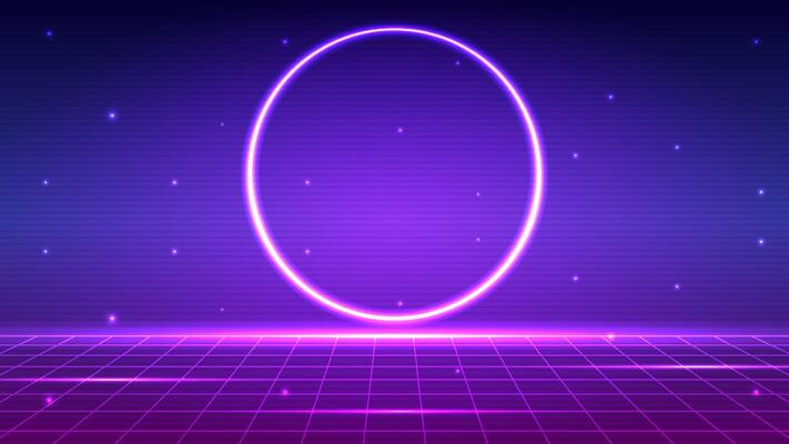 Cricle ring retro cyberpunk technology style background. frame ring neon background concept. Design for wireframe, digital, light, grid, landscapes, retro, 80s, 90s.