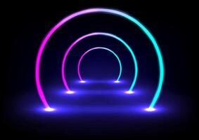Futuristic abstract stage neon glowing light circles concept. Design for led,glowing,stage, telecoms, digital, internet, online, network vector