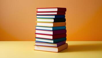 Stack of books on yellow background photo